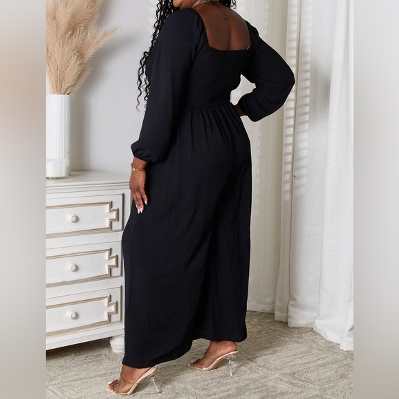 NEW Double Take Black Square Neck Smocked Long Sleeve Wide Leg Jumpsuit - Picture 4 of 9